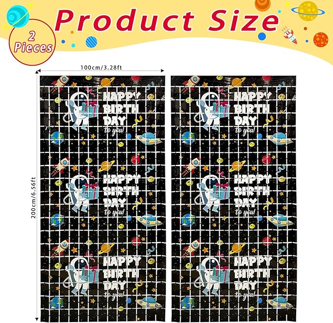 Astronaut Birthday Party Decorations 2 Pack Outer Space Foil Fringe Curtains 3.28 x 6.56Ft Space Tinsel Curtain Backdrop Black Photo Booth Backdrop for Kids Boys Girls Galaxy Birthday Baby Shower