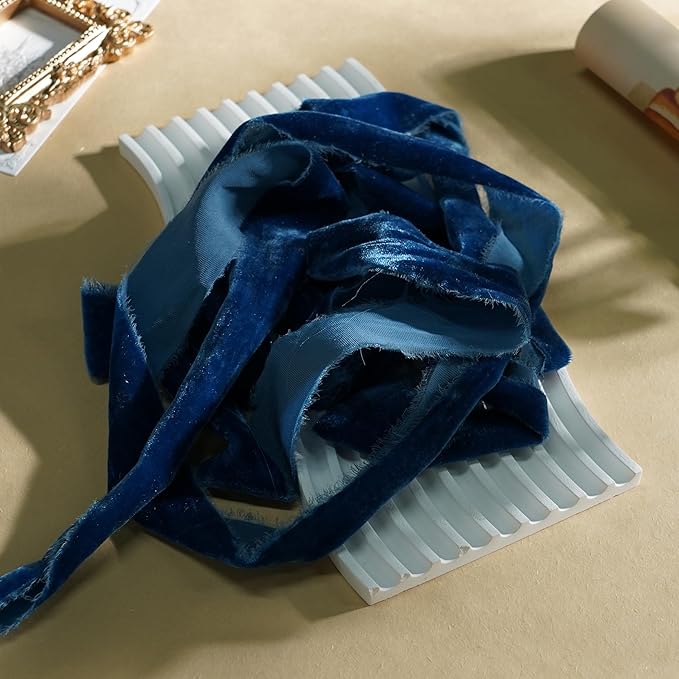 Blue Velvet Ribbon 1.5 Inch Hand Frayed Silk Velvet Ribbon Rustic Velvet for Gift Wrapping, Christmas Tree Decor, Wedding Invitation Bridal Bouquet -3yards