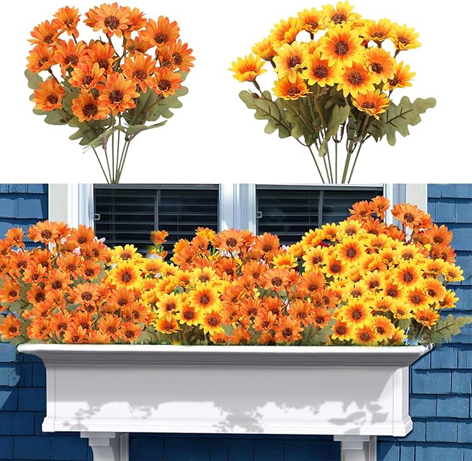 Artificial Mums 10 Bundles, Artificial Sunset Mums, Artificial Outdoor Sunset Mum-s Flowers - UV Resistant, Waterproof, Windproof, Reflecting Autumn Vibe (Gold - 10 Bundles)