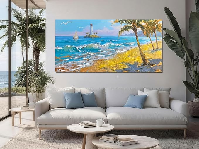 Brushart Beach Canvas Wall Art for Living Room Large, Coastal Bedroom Picture, Painting Wall Decor Ocean Textured Artwork for Walls Home Office 48"x24"