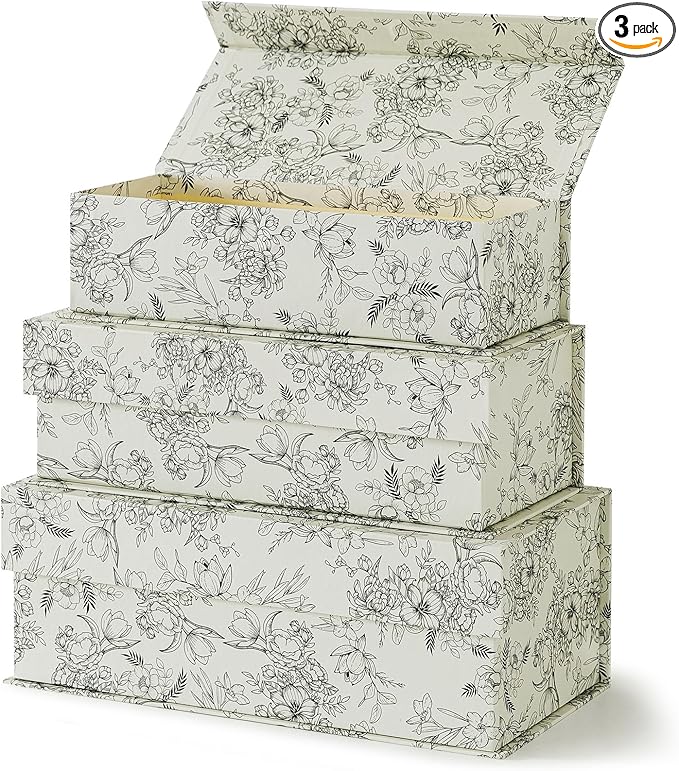 Soul & Lane Decorative Storage Boxes with Lids, Set of 3 Cardboard Boxes for Home Décor and Documents, Memory Organizers for Keepsakes with Magnetic Closure, Photo Storage, Elegant Floral