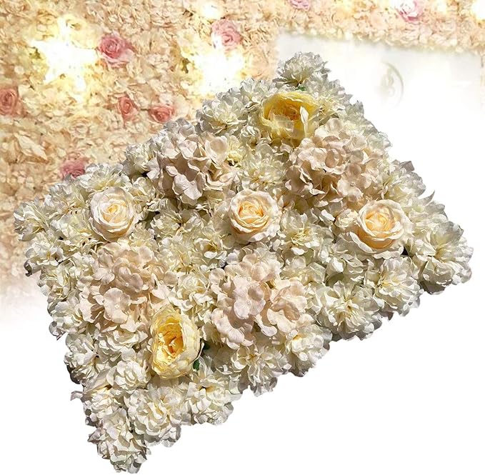 6 Pack Artificial Flower Wall Panels 24" x 16" Flower Wall Panel Wall Backdrop Faux Hydrangea and Rose Flower Backdrop Panels for Flower Wall Decor Wedding Party Event Decoration (6 PCS, Khaki)
