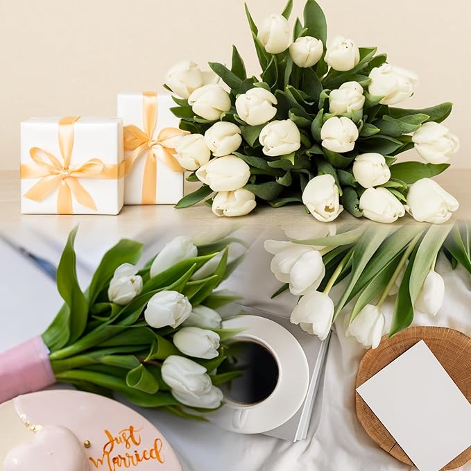 Sggvecsy 30 Pcs Fake Tulips Artificial Flowers Real Touch PU Faux Flowers Tulip Stems for Wedding Spring Bouquet Floral Arrangement Home Party Office Decorations for Mother's Day (Green White)