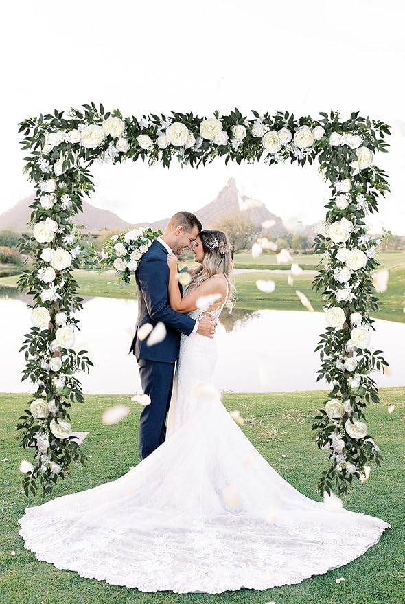Lvydec 2 Pack Artificial Peony Flower Garland - 6ft Silk Peony Vine Willow Leaves Garland White Arch Flower Vine for Wedding Party Table Decoration (White)