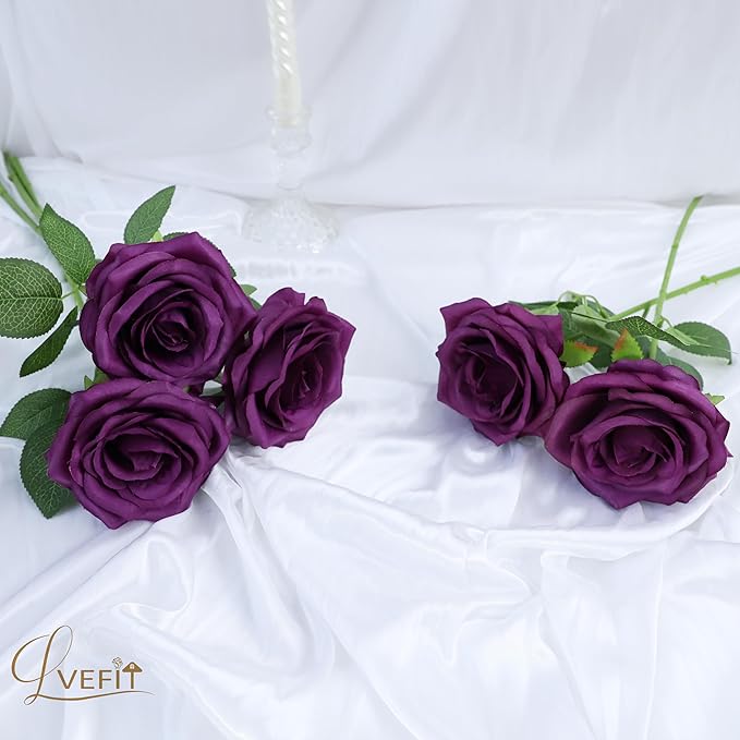 Artificial Rose Flower Plum Flowers Silk Flowers 12 pcs with Long Stem Silk Roses Bouquet for Wedding Bridal Shower Party Home Decoration