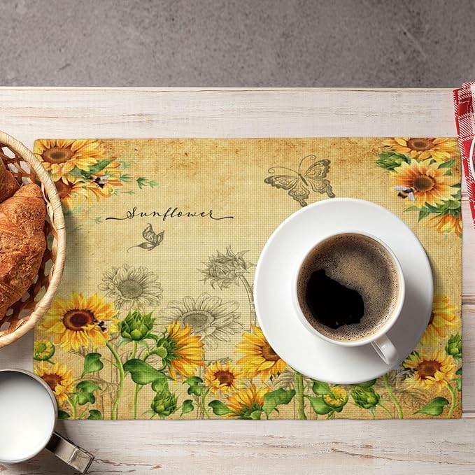 Sunflower Placemats, Rural Vintage Old Watercolour Sunflower Butterfly Flower Bee Print Washable Fabric Placemats Table Kitchen Dining Party 12x18 Inch Set of 4
