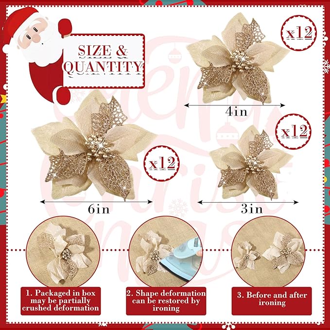 WILLBOND 36 Pieces Christmas Poinsettia Glitter Faux Flowers Christmas Artificial Flowers Tree Ornaments Topper Xmas Decorations(Champagne)