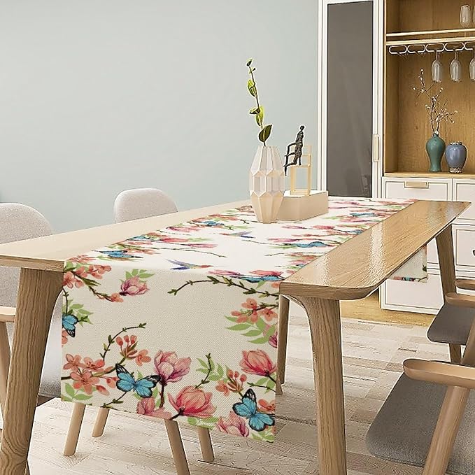 Floral Butterfly Table Runner Seasonal Spring Flower Bird Table Decoration Table Runner for Home Party Decoration 13x108 Inch