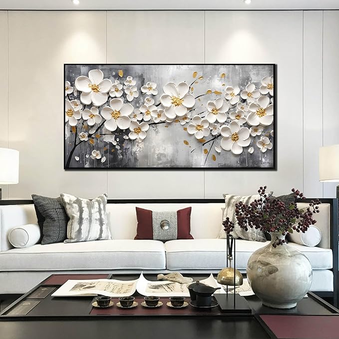 Flowers Canvas Wall Art for Bedroom - White Art Paintings for Wall Living Room - Framed Wall Art for Office Large Size 29" x 59"