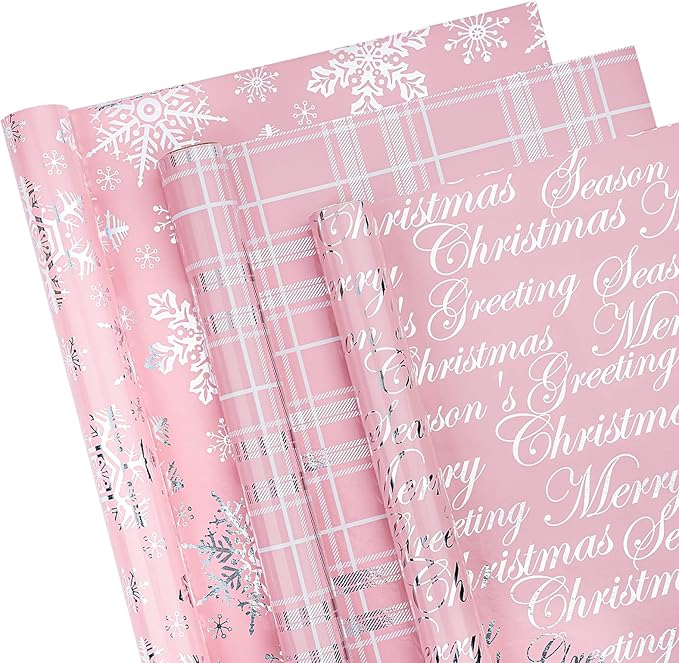 WRAPAHOLIC Christmas Wrapping Paper Roll - Mini Roll - 3 Rolls - 17 Inch X 120 Inch Per Roll - Pink with Silver Metallic Foil Snowflake, Plaid, Merry Christmas Lettering