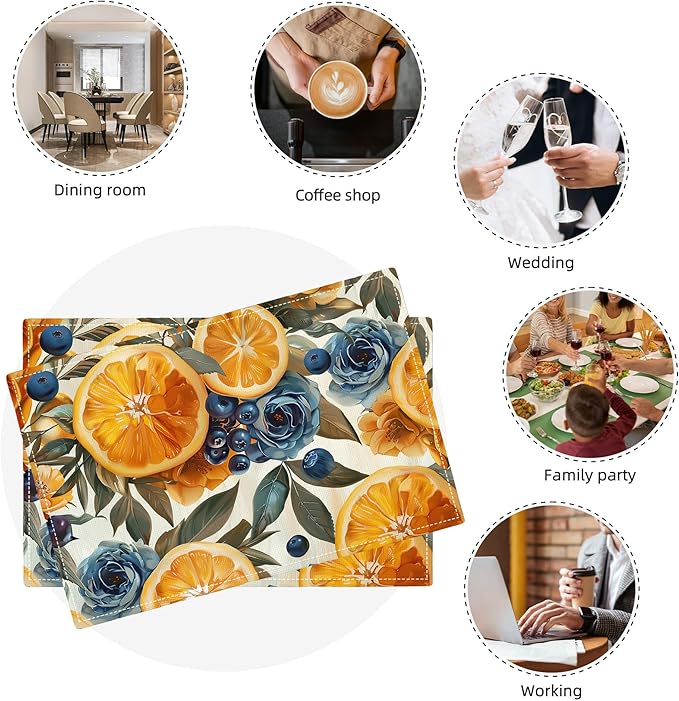 Orange Placemats Set of 6 Fruit Blueberry Rose Leaf Table Mats Washable Place Mats for Home Party Indoor Kitchen Dining Table Decoration 12x18 Inch