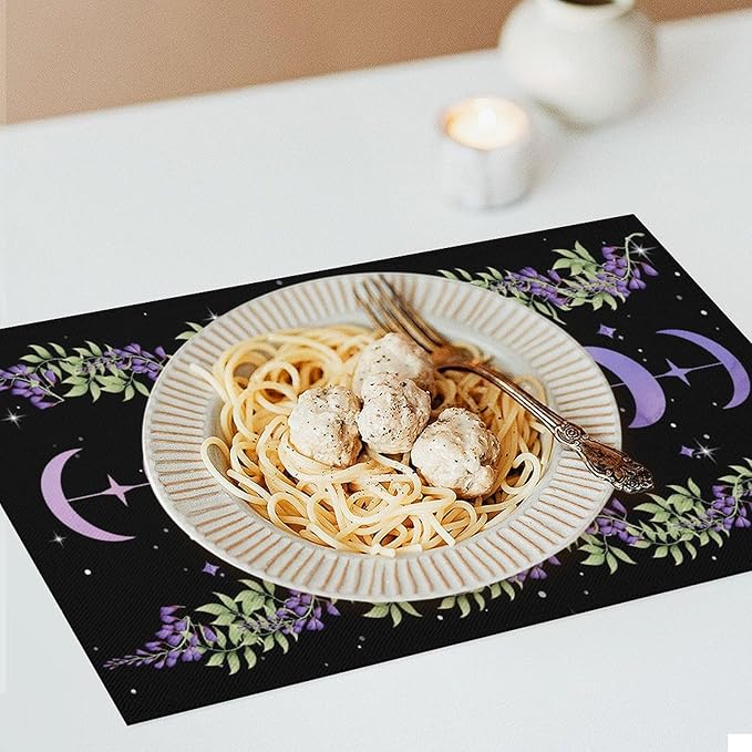 Boho Moon Flowers Placemats Set of 4,Natural Plant Moon Phase Moonlight Kitchen Party Event Table Decor,12x18 Inch,Purple 4 PCS, Style-11
