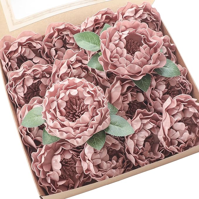 Floroom Artificial Flowers 16pcs 4" Dusty Rose Blooming Peonies Real Looking Foam Fake Peony with Stems for DIY Wedding Bouquets Bridal Shower Centerpieces Floral Arrangements Party Tables Decorations