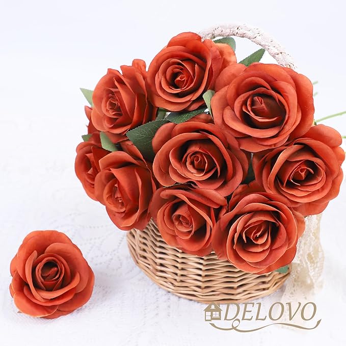 52pcs Burnt Orange Roses Artificial Flowers Fake Flowers Silk Roses with Stems for DIY Wedding Bouquets Bridal Shower Centerpieces Arrangements Party Decorations