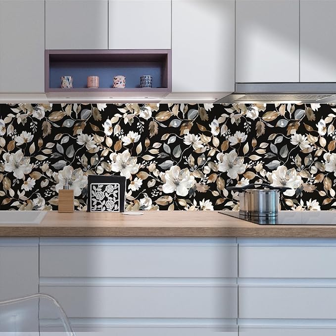 Vintage Dark Black Floral Peel and Stick Wallpaper Modern Botanical Flower Waterproof Removable Self Adhesive Vinyl Contact Wall Paper for Farmhouse Bathroom 17.7" X 124" Roll