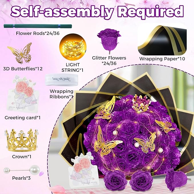 Purple Glitter Roses Bouquet, 36 Pcs Shiny Glitter Flowers Bouquet, Everlasting DIY Artificial Roses Bouquet for Christmas, Birthday, Anniversary, Wedding, Engagement,Mothers Day,Gifts