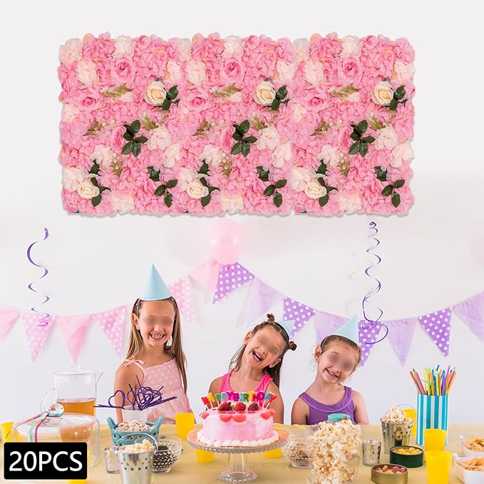 20 PCS Artificial Flower Wall Panel,Each Panel 24" x 16"3D Silk Rose Hydrangea Floral Backdrop,Handmade Eco-Friendly Flower Wall Photo Backdrop Decor (type2)