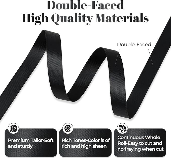 Black Satin Ribbon, Double Faced 3/8 Inch X 50 Yards Black Ribbon, Premium Satin Ribbon for Gift Wrapping, Crafts, Hair Bow Making, Sewing, Flower Bouquet, Wedding Party Decor