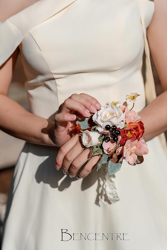 Terracotta Corsages for Wedding(Set of 6),Corsages for Prom,Party Prom Hand Flower Decor,Mother of The Bride Corsage,Bridesmaid Wrist Corsage,Wrist Corsage Bracelets