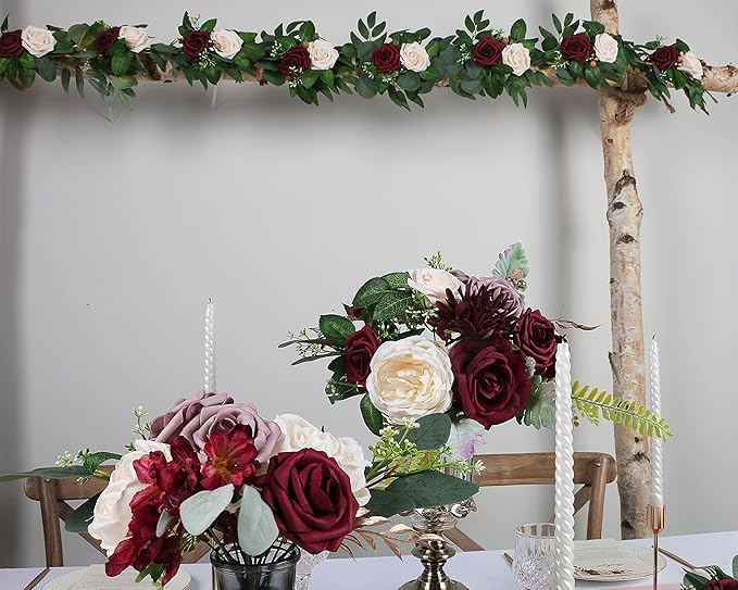 ponatia Burgundy Artificial Flowers, Wedding Flowers Combo for DIY Wedding Bouquets Centerpieces Arrangements Party Baby Shower Home Decorations (Dusty Rose & Cream)