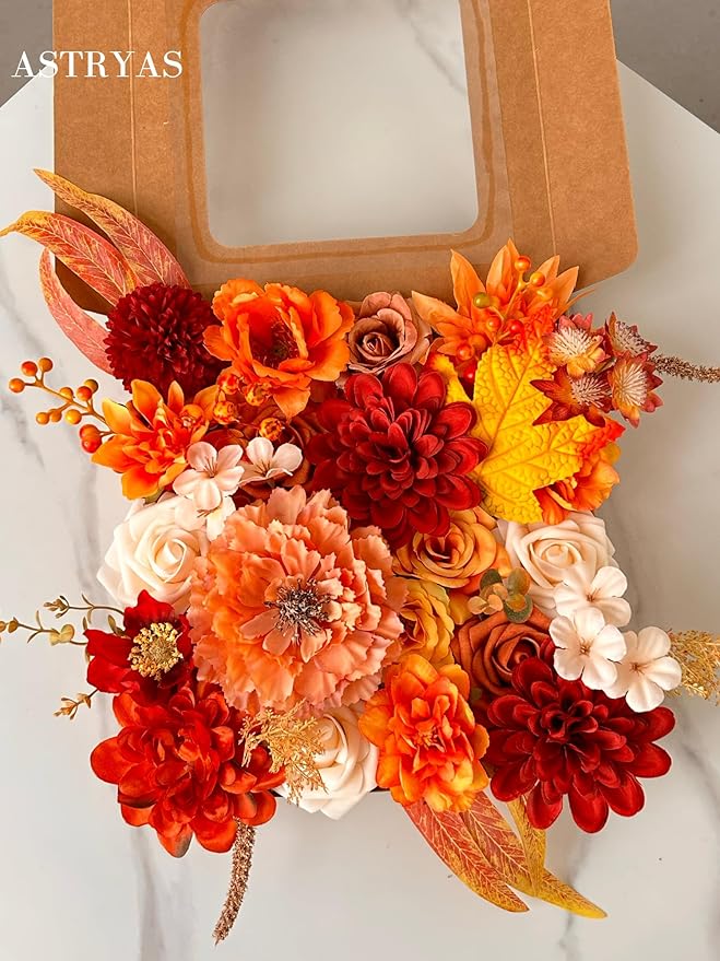 ASTRYAS Burnt Orange Flowers Combo Silk Fake Flowers Combo with Stems for DIY Wedding Bouquets Bridal Shower Centerpieces Party Decorations Thanksgiving Day