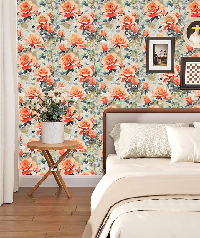 Bright Watercolor Floral Wallpaper Vibrant Flower Wall Paper Stick and Peel Colorful Orange Contact Paper for Bedroom Bedroom Cabinet Removable Renter Friendly 17.5 x 118In