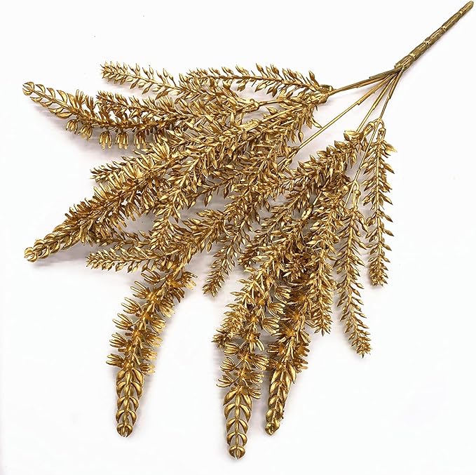 CATTREE Christmas Fake Plants, Artificial Plastic Grass Golden Shrubs Faux Lavender Leaves Simulation Bushes Home Indoor Wedding Decoration Hall Table Planter Filler Decoration - Gold 3 Pack
