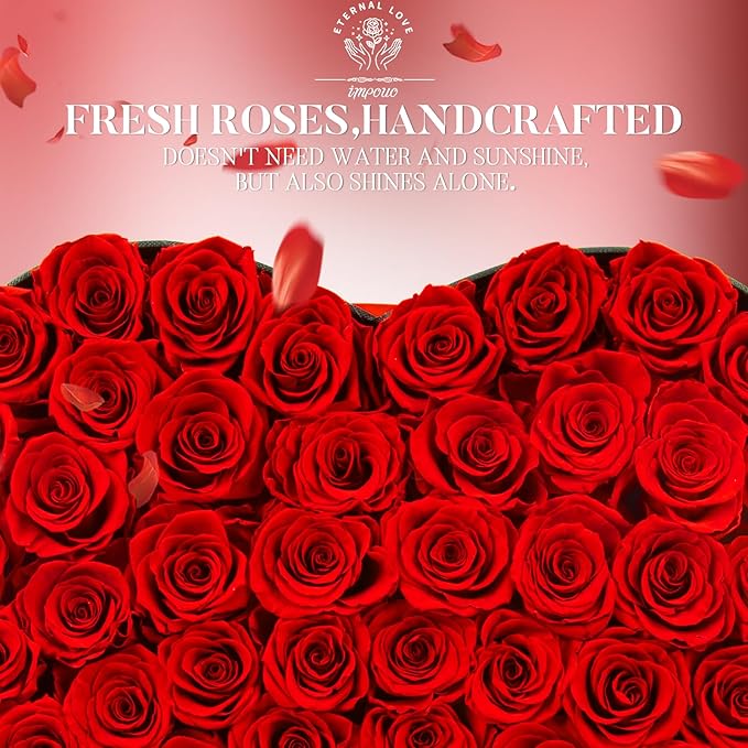 50 Forever Flowers, Preserved Rose in Heart Shape Box, Eternal Roses, Birthday Gifts for Women, Wife, Her, Mother's Day -Red