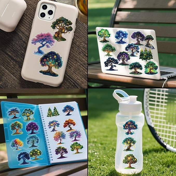 50 Pcs Magic Tree Stickers, Transparent PET Waterproof Decals, Cartoon Aesthetic Stickers for Water Bottles, Laptops, Scrapbooks, Journals, Planners - DIY Craft Supplies Gift