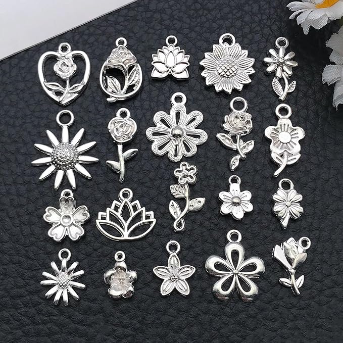 WOCRAFT 60pcs Bright Silver Flowers Bracelet Charms for Jewelry Making Sets DIY Necklace Bracelet Keychain Crafting Charms Kit Craft Supplies (SN879)