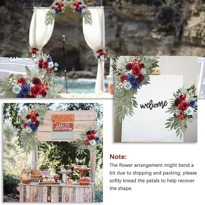 Burgundy Blue Wedding Arch Flowers, Faux Flower Swag Set of 2, Burgundy Floral Swag for Wedding Arch Welcome Signs, Reception Ceremony Signs Decor