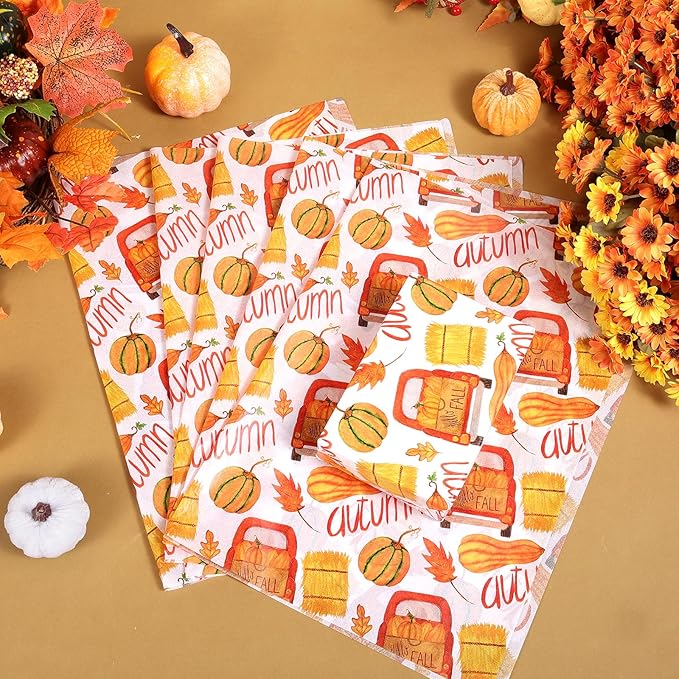100 Sheets Fall Tissue Paper Bulk, Pumpkins Maple Leaves Truck Hay Pattern Wrapping Paper for Fall Autumn DIY Crafts Thanksgiving Day Gift Bag Fillers Party Supplies, 13.8 x 19.7 Inch