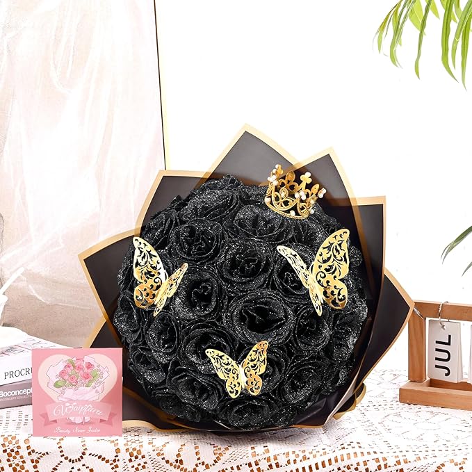 Waipfaru Glitter Roses Bouquet, DIY Fake Flowers Bouquet, Birthday Gifts for Women Mom, 36 Pcs Black Rose for Grandma Wife Girlfriend Valentines, Mothers Day, Anniversary, Graduation