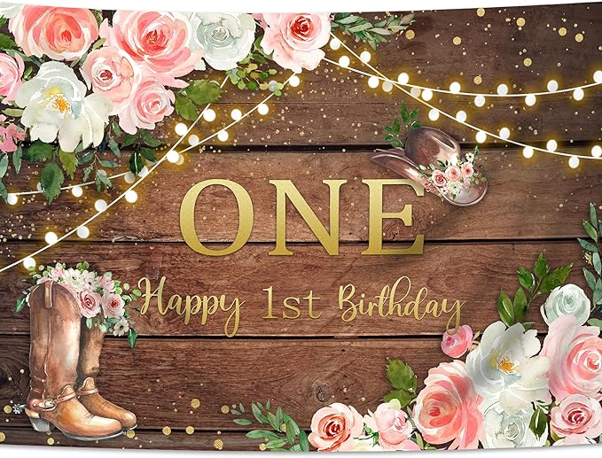 SVBright Cowgirl First Birthday Backdrop 7Wx5H Retro Western Rustic Country Pink Flower Wood Hat Happy Birthday Baby Shower Wooden Plank Decorations Photography Background Banner Photo Booth Studio
