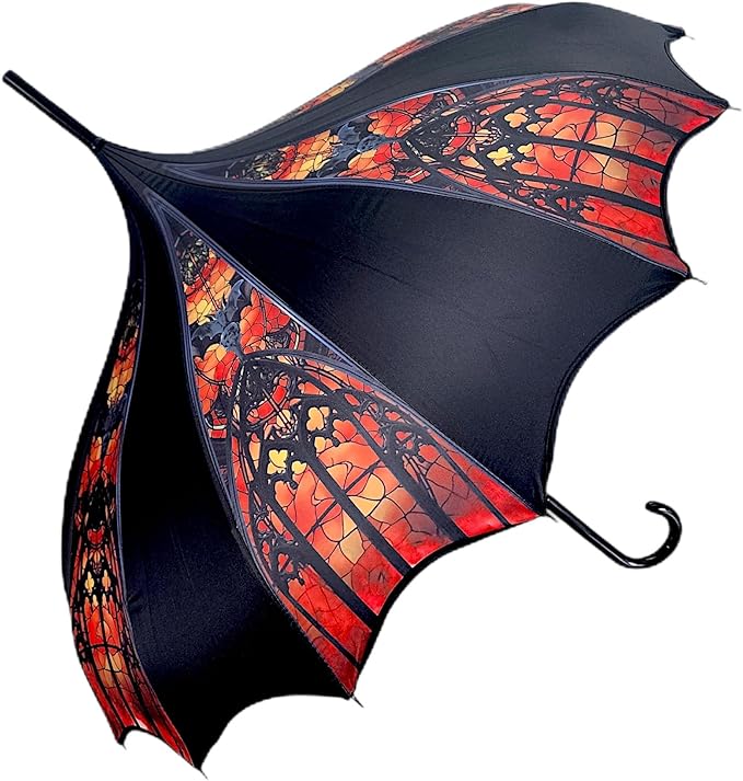 Pagoda Umbrella - Artisan Design with Bat Wing Scalloped Edges, Full Size Waterproof Windproof UV Protection Gothic Parasol with Carry Case