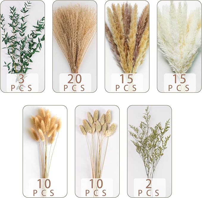 Green Pampas Grass Bouquet – Boho Home & Wedding Floral Arrangements – Dried Pampas Grass Decor for Living Room, Fireplace, and Modern Farmhouse