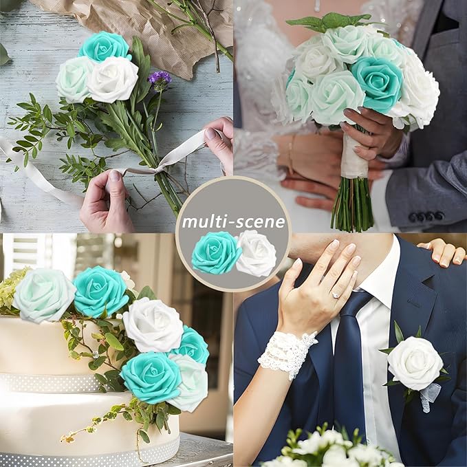 50PCS Artificial Flowers Green Series Roses Real Looking Foam Fake Roses with Leaves and for DIY Wedding Bouquets Bridal Shower Centerpieces Party Decorations (Green Series, 50)
