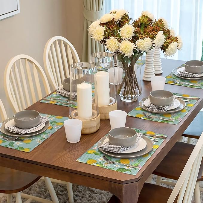 Lemon Linen Placemats Set of 6 Summer Tropical Fruits Floral Placemats for Indoor Outdoor Party Home Desktop Kitchen Dining Room Decor 12x18 Inch