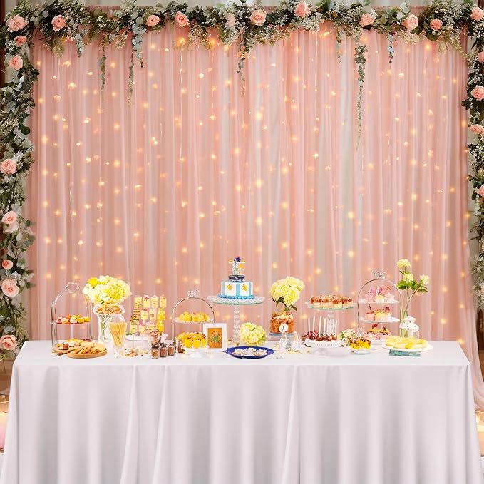 20x8ft Peach Tulle Backdrop Curtain with Lights String for Parites, Sheer Backdrop Curtains for Wedding Baby Shower Birthday Party Photo Shoot Decorations