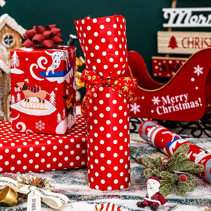 Yarcony Dog Christmas Wrapping Paper Roll, Red Wrapping Paper, Reversible Funny Skiing Puppy and Polka Dot Design Kid Christmas Gift Wrap Paper for Winter Holiday, Dog Lover (17 Inch X 33 Feet)