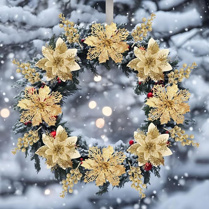 22 Pcs Gold Poinsettia Artificial Flowers and Glitter Berries Stems Kit, Christmas Poinsettias Decorations and Tree Ornaments for Xmas Home Wedding Holiday Decor