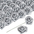 Artificial Flowers 30 PCS Silver Glitter Foam Artificial Flowers with Stem, Glitter Roses Shiny Flowers for DIY Wedding Bouquets Party Home Decor(Silver)