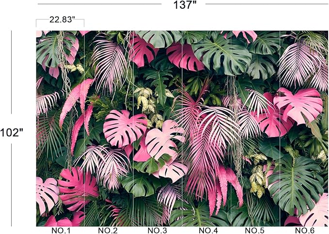 Cliouar-Leaves Green and Pink, Tropical Plants,Wall Mural Wallpaper Peel and Stick 137" x 102"