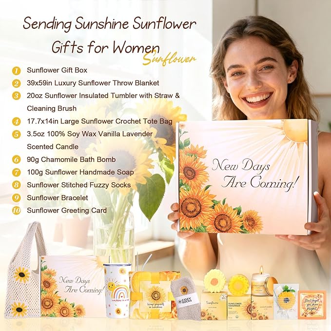Sunflower Birthday Gifts for Women Self Care Gift - Sending Sunshine Gifts Box Get Well Soon Sympathy Gift Basket for Women New Mom Care Package, Christmas Gifts Relaxation Gifts for Mom Her Coworkers