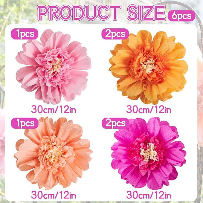 6PCS Tissue Paper Flowers，Handmade Colorful Giant Crepe Artificial Flowers Decorations for Wall,12 Inches Large Flowers for Wedding Birthday BabyShower Party Home Decor Supplies