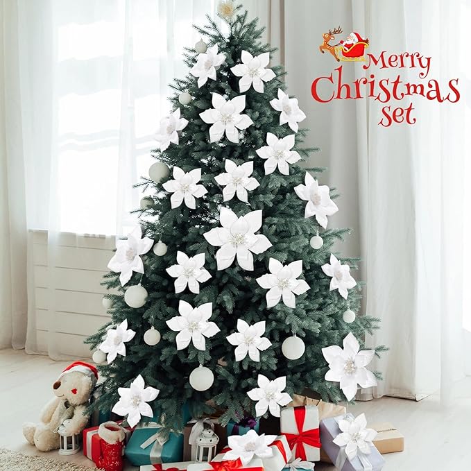 WILLBOND 24 Pcs 3 Size Poinsettia Flower Artificial Christmas Decor Glitter Poinsettia Christmas Ornaments Faux Flowers for Xmas Tree Outdoor(4/6/7.9 Inches,White)