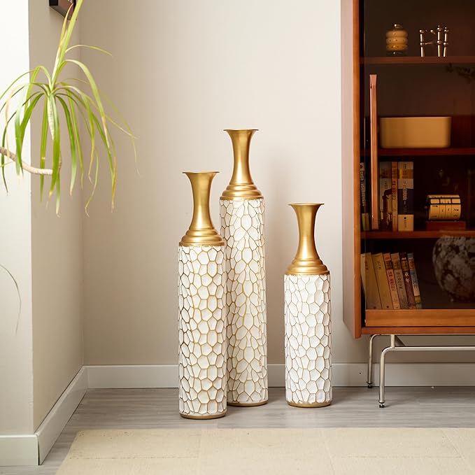 Floor Vases, Tall Home Decor Metal Vase Set of 3 Large Glazed Decorative Vases for Wedding Decor, Elegant Modern Flower Holder for Living Room, Entryway, Hallway, Dining Room
