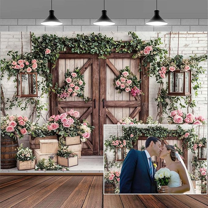 6x4ft Country Wedding Photography Backdrop Floral Rustic Roses Farmhouse Wooden Door Backdrop Pink Flower Birthday Baby Shower Wedding Bridal Party Banner Photo Booth Props Anniversary Background