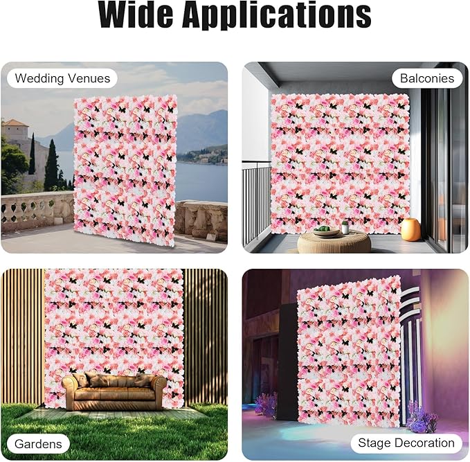 LOYALHEARTDY 12 Pack Artificial Flower Wall Panels 24" x 16" White & Pink Faux Roses Artificial Flower Backdrop Panels for Wedding Party Event Flower Wall Decor