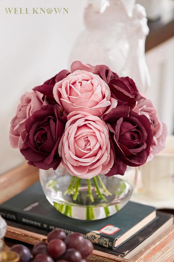 WELL KNOWN Silk Rose Artificial Flowers with Vase Artificial Rose Flower Arrangements in Round Bowl Vase with Faux Water for Home Table Decoration (Burgundy & Dusty Rose)